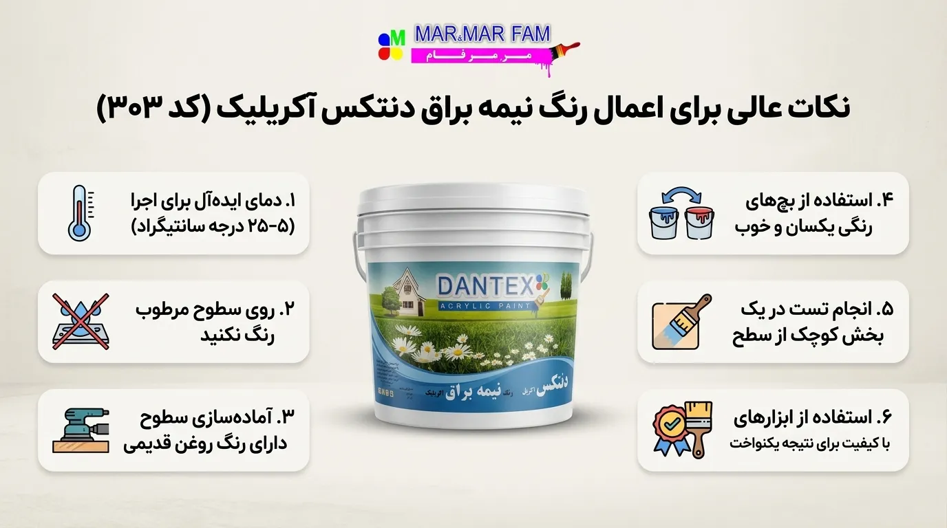 نکات مهم برای اجرای بهتر رنگ اکریلیک نیمه براق دنتکس کد 303